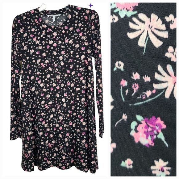 BCBG Long Sleeve Ditsy Print A-Line Dress BCBGeneration Black Jersey Knit Swing - Picture 1 of 11